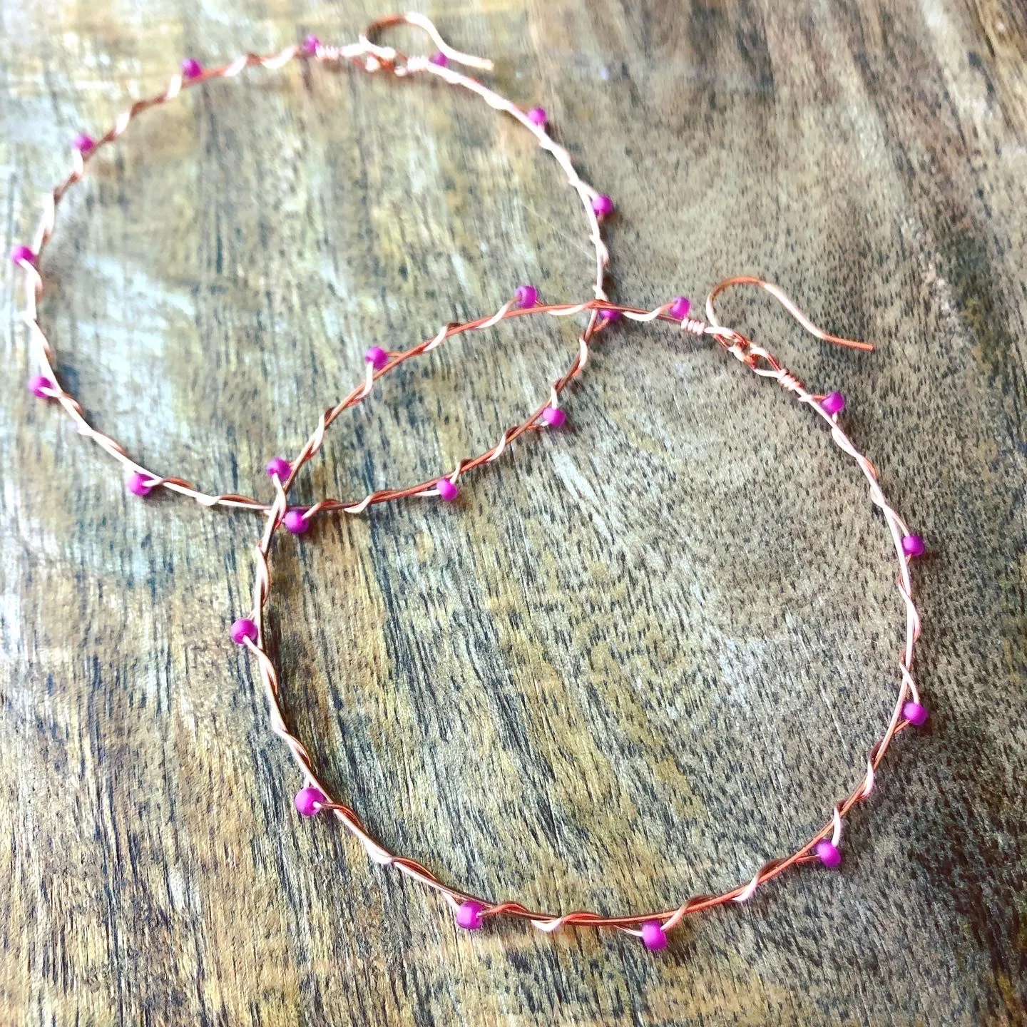 Wire Wrapped & Beaded Copper Hoop Earrings