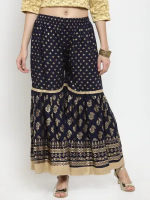 Women'S Navy Blue Printed Rayon Gharara